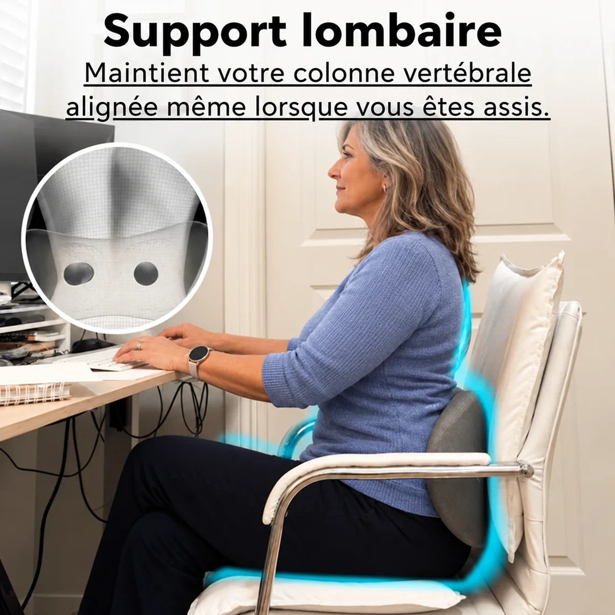 Support lombaire : maintient la colonne alignée en position assise